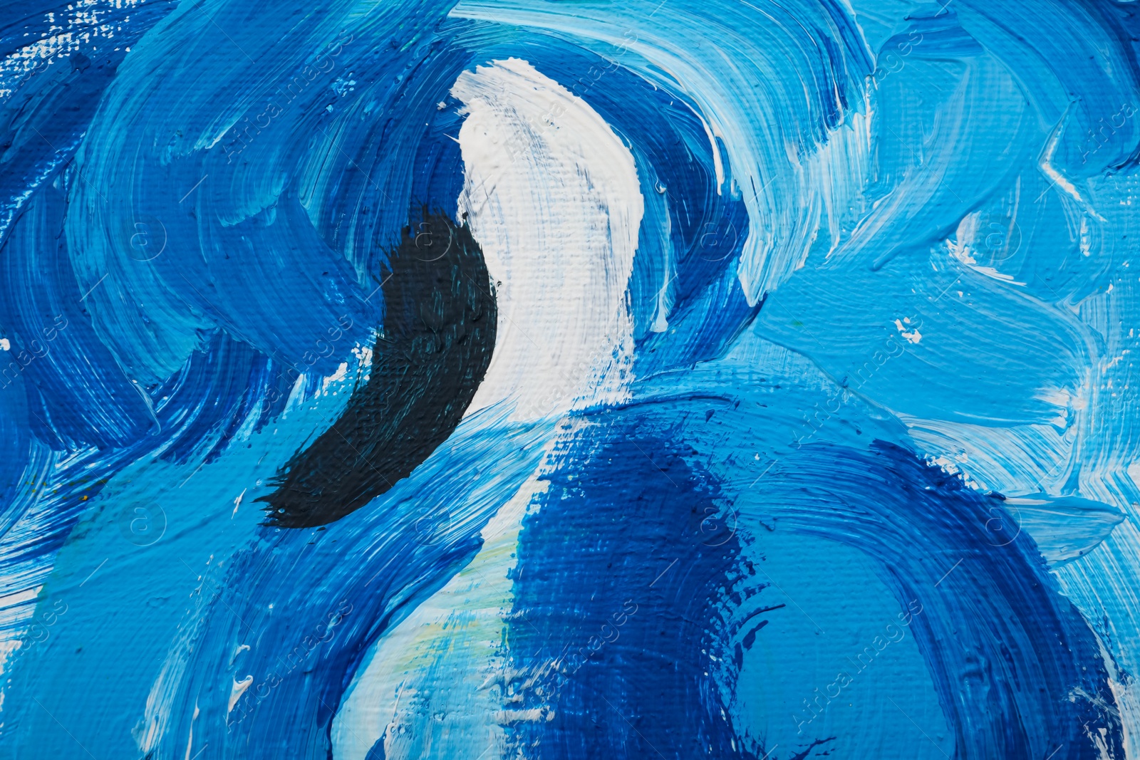 Photo of Beautiful strokes of blue oil paints on white canvas as background, closeup