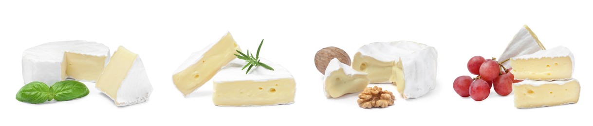 Image of Set with tasty brie cheese on white background. Banner design