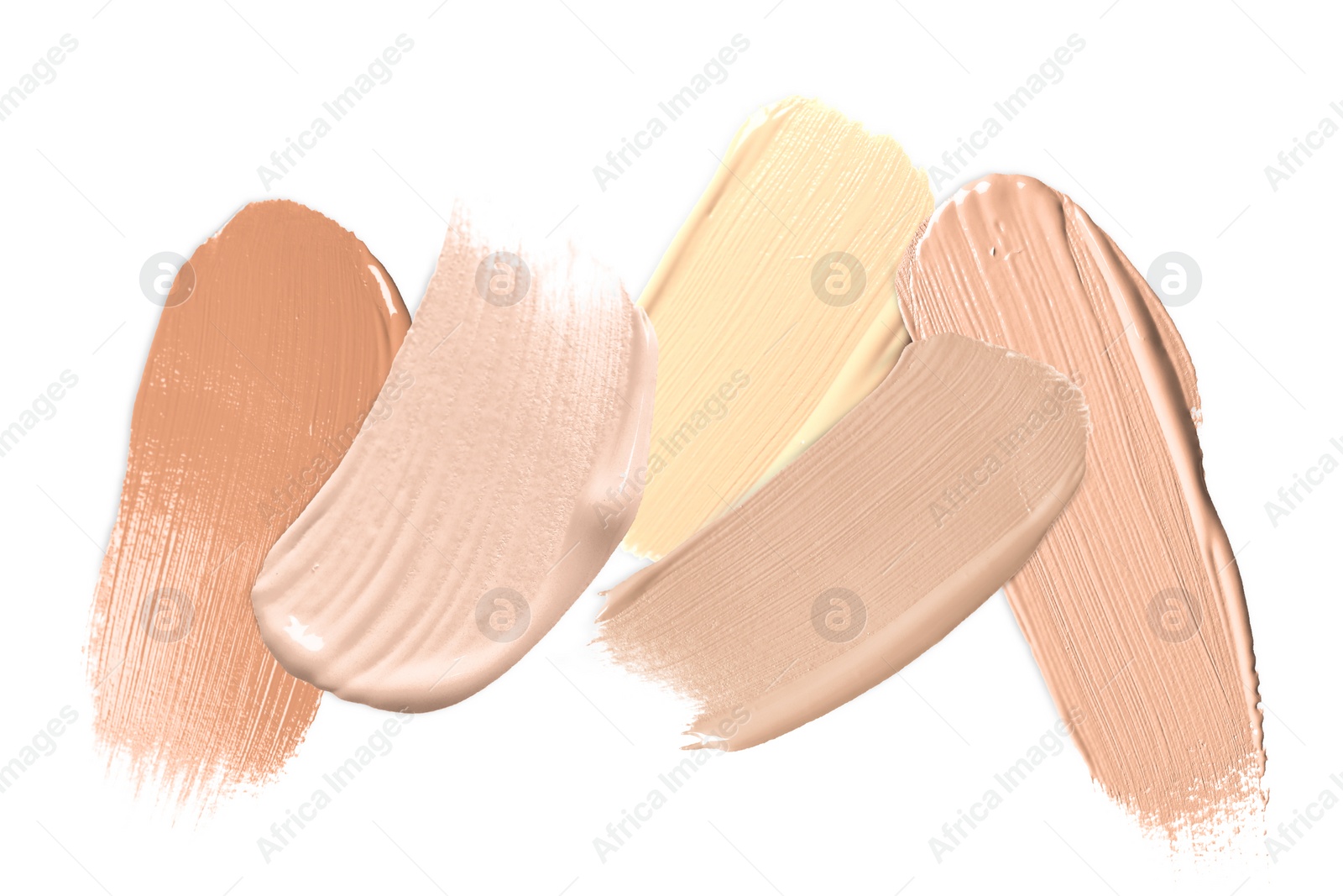 Image of Foundation of various shades for different skin tones isolated on white, top view. Set of samples