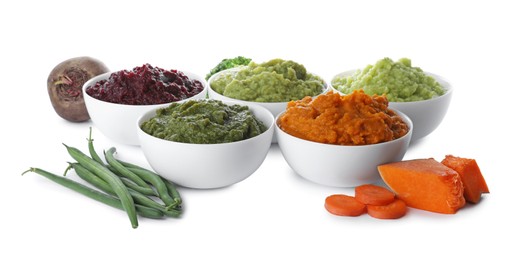 Photo of Different delicious puree in bowls and fresh ingredients on white background. Healthy food