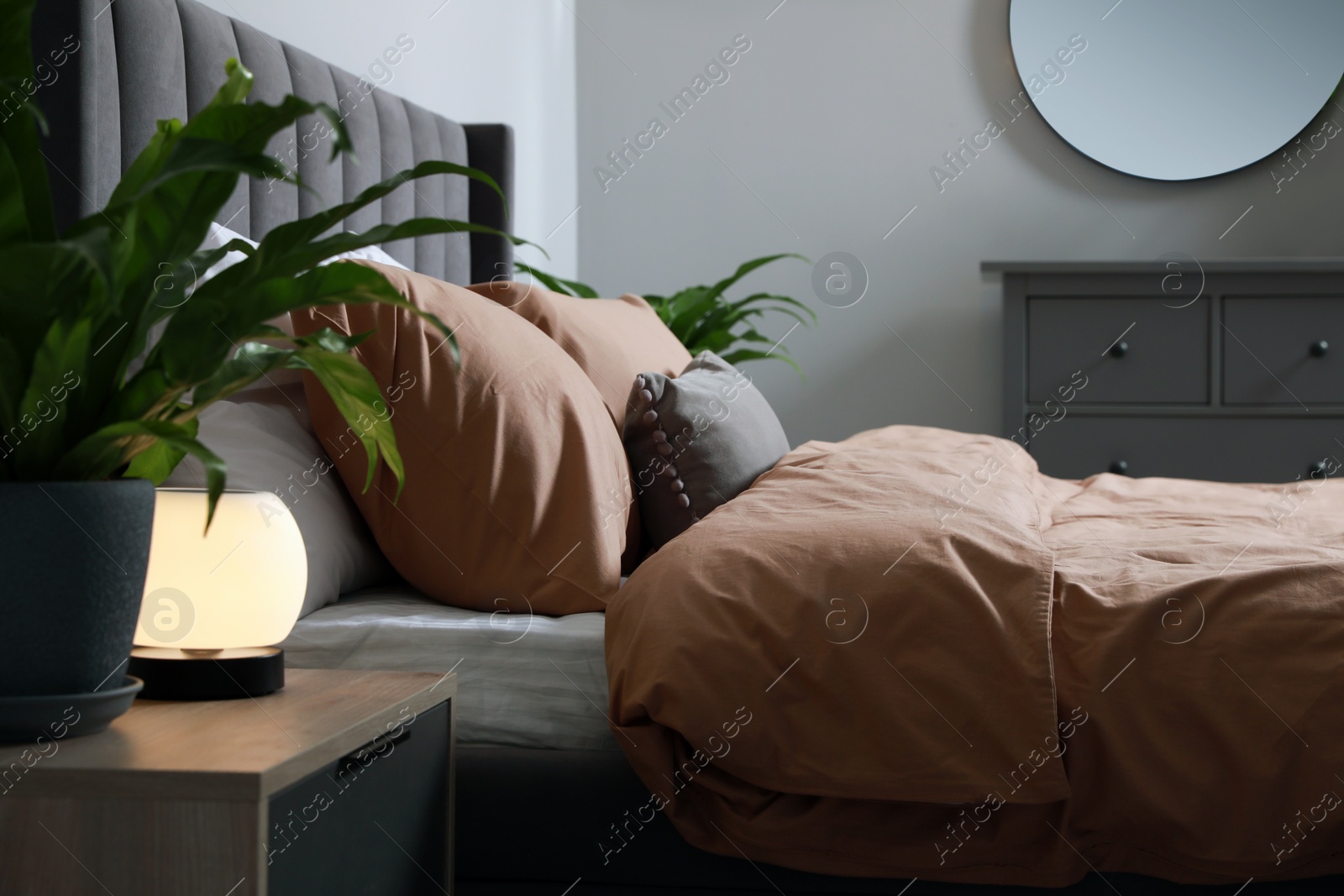 Photo of Stylish bedroom interior with comfortable bed and green houseplants