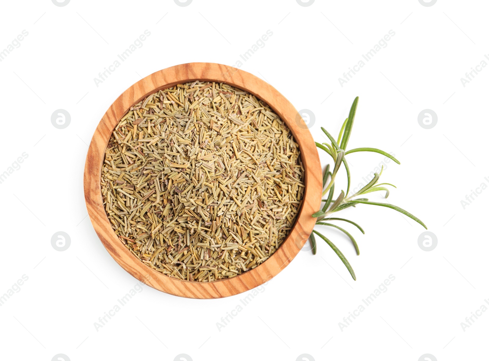 Photo of Bowl with fresh and dry rosemary isolated on white, top view