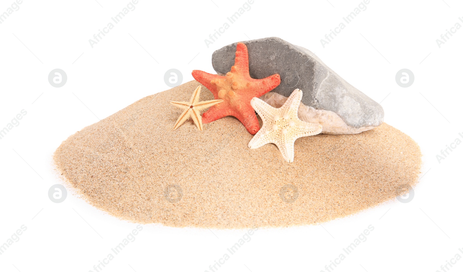 Photo of Sand with many beautiful sea stars and stone isolated on white