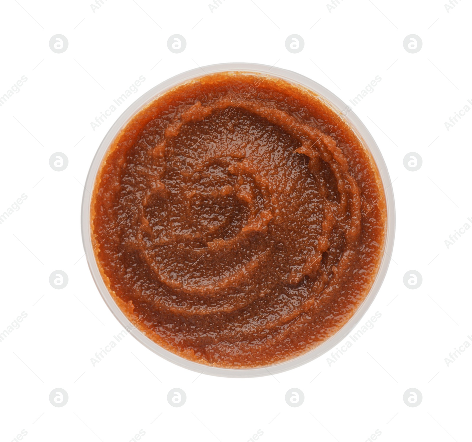 Photo of Body scrub in jar isolated on white, top view