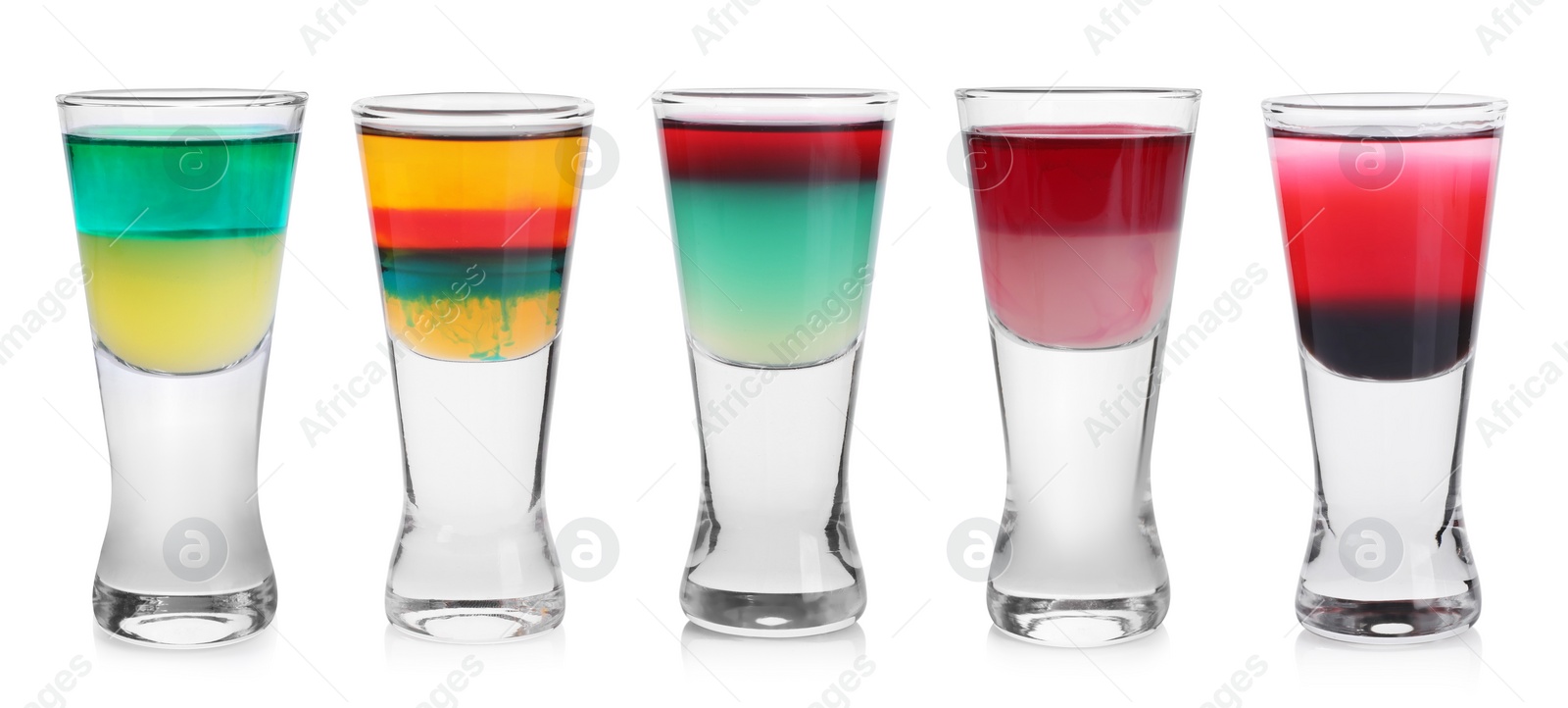 Image of Different shooters in shot glasses isolated on white, set