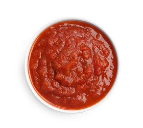 Photo of Homemade tomato sauce in bowl isolated on white, top view