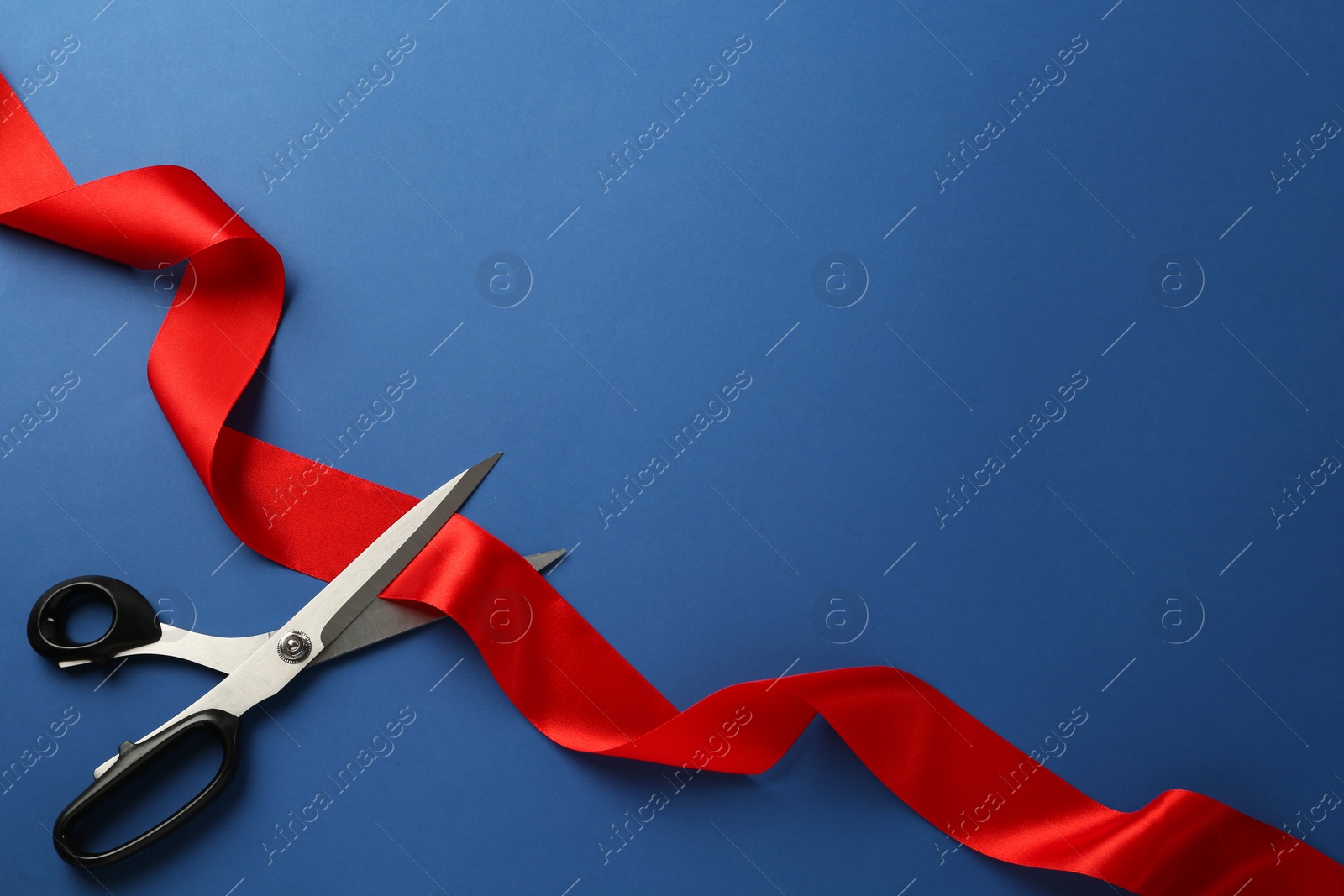 Photo of Red ribbon and scissors on blue background, top view. Space for text