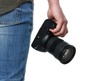 Photographer holding modern camera on white background, closeup