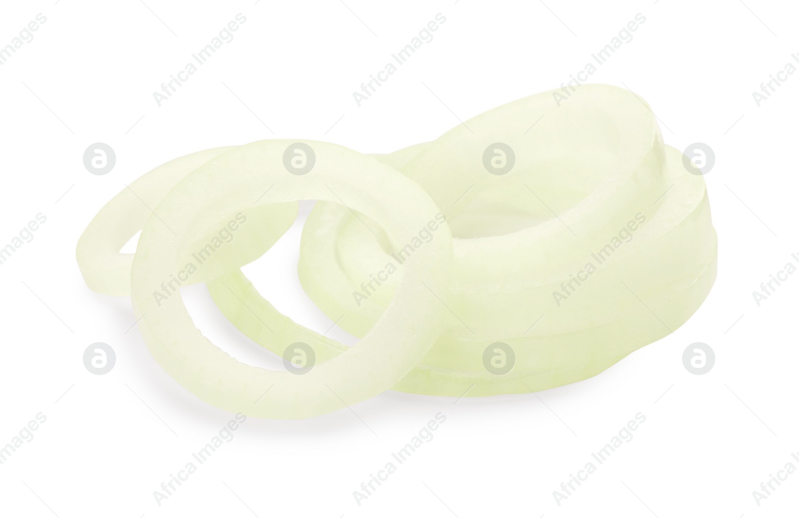 Photo of Many fresh onion rings on white background