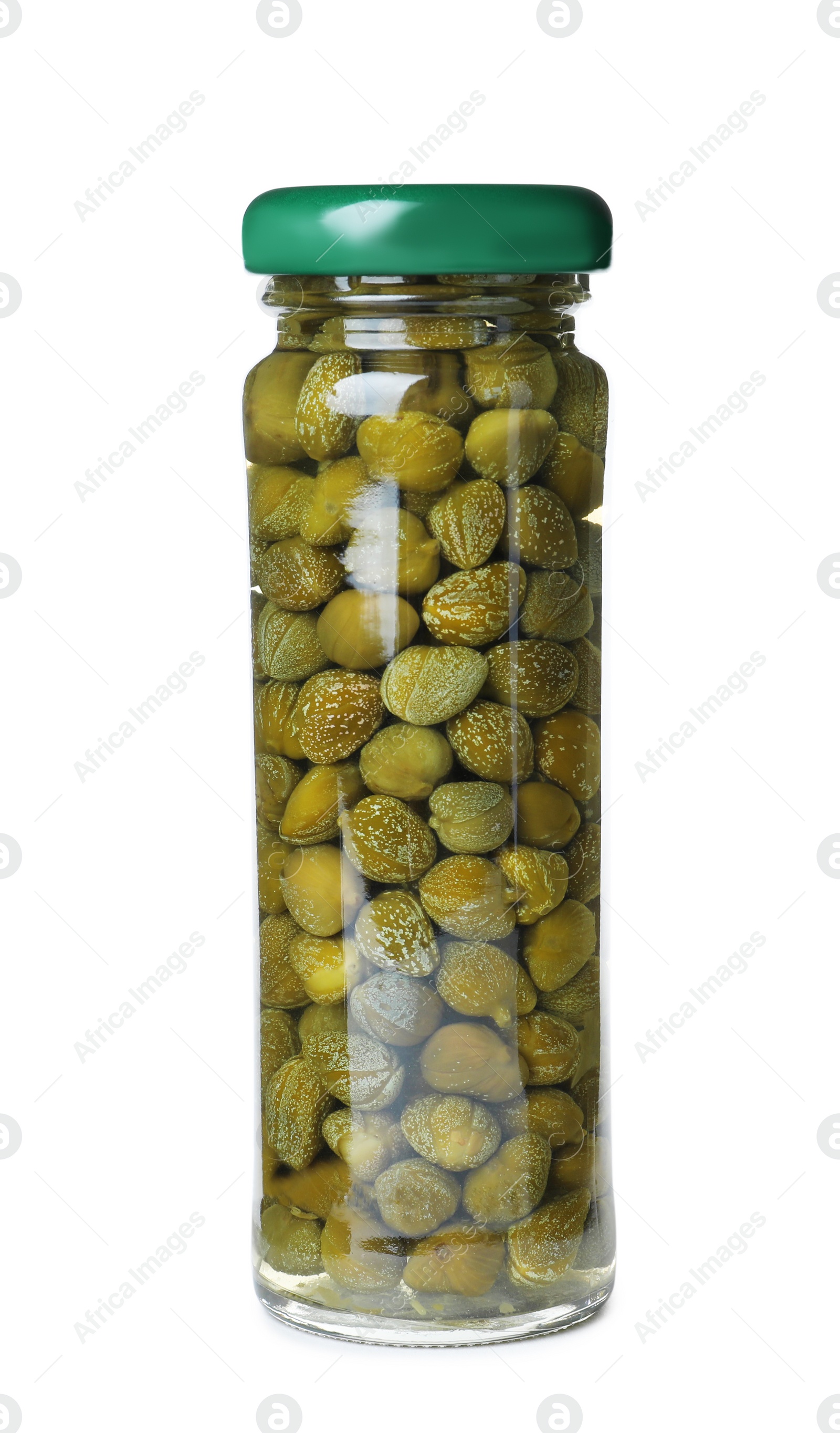 Photo of Glass jar with pickled capers isolated on white