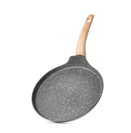 Photo of New pancake pan with wooden handle isolated on white background