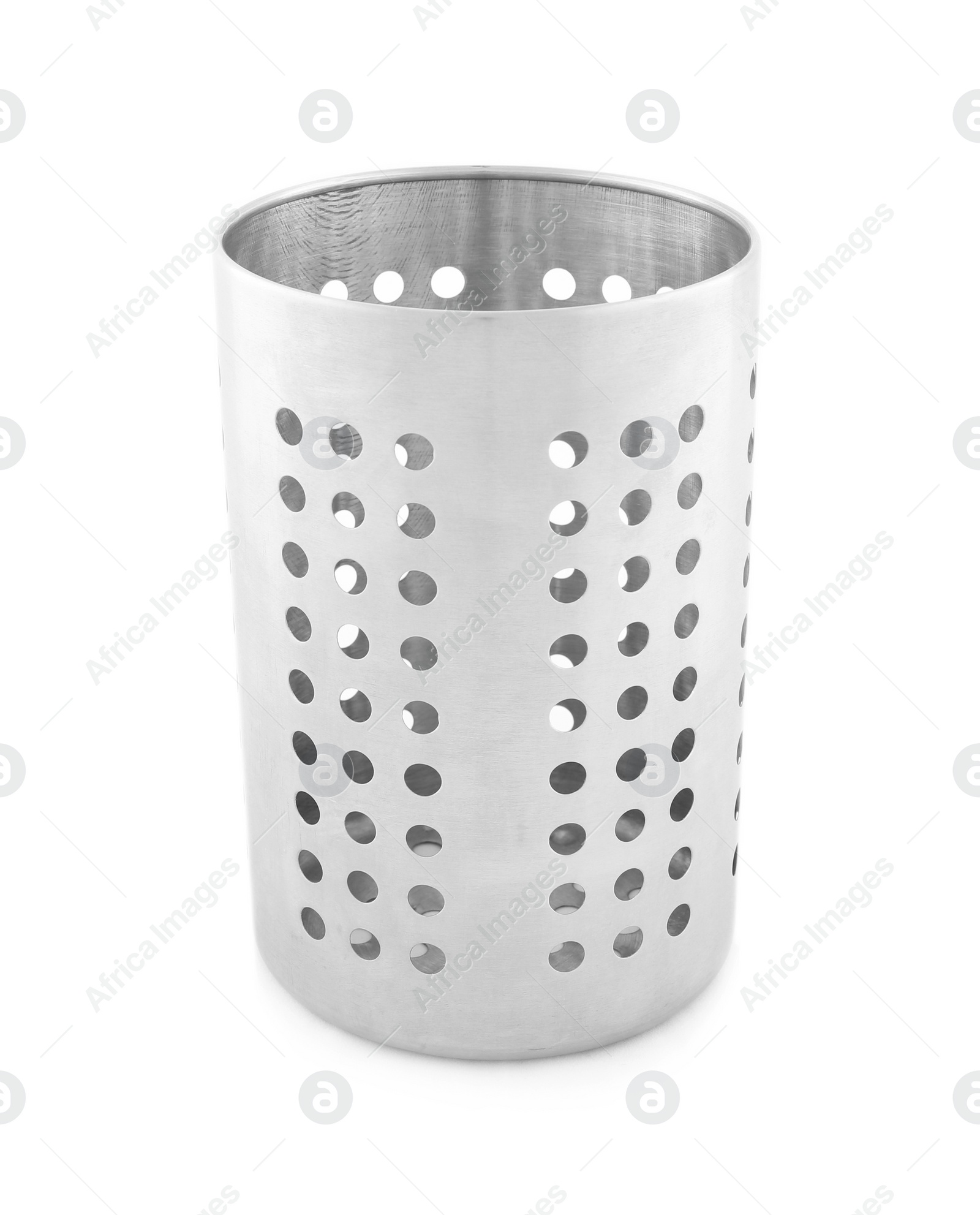 Photo of Empty metal utensil holder isolated on white