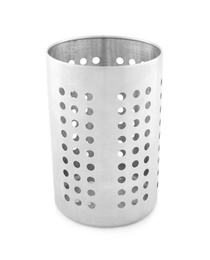 Photo of Empty metal utensil holder isolated on white