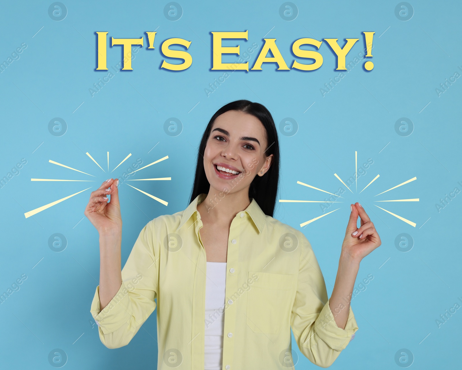 Image of Young woman snapping fingers on light blue background