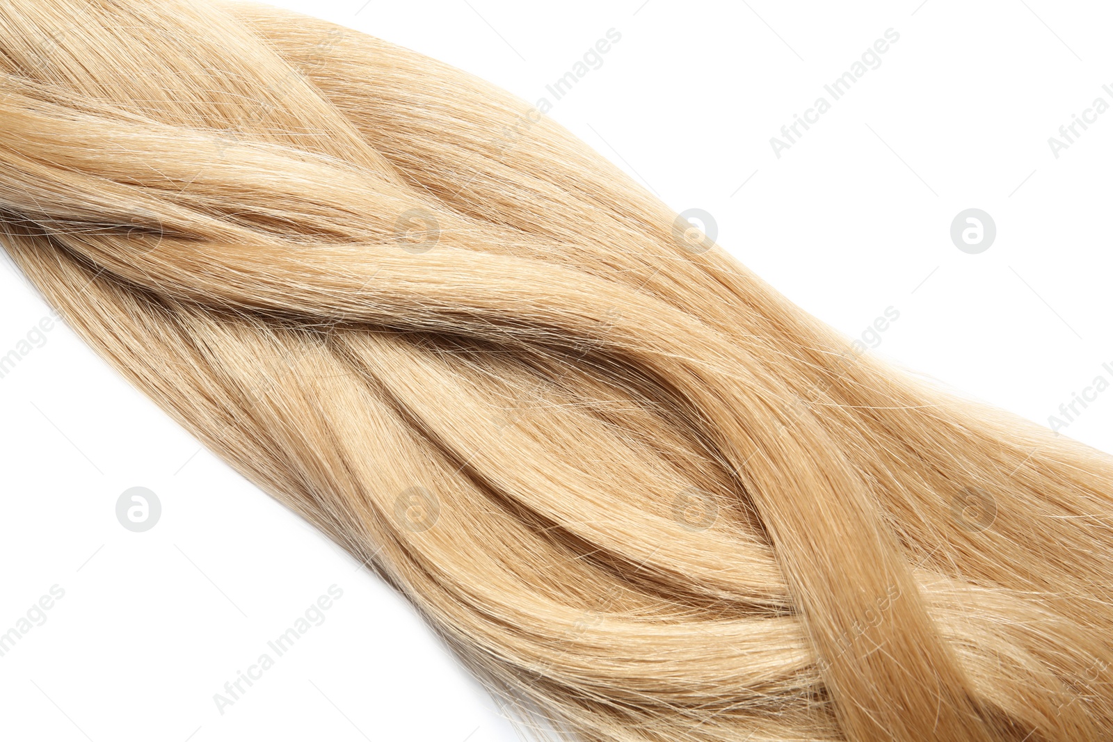 Photo of Locks of healthy blond hair on white background