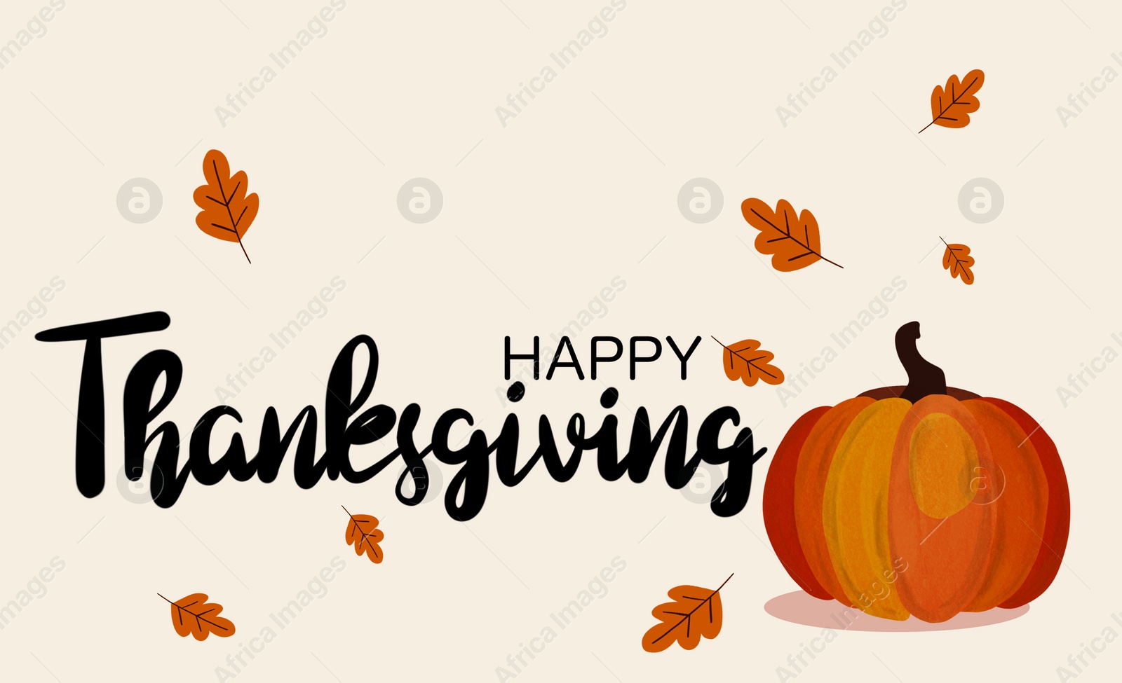 Illustration of Thanksgiving day card design, banner style. Text, autumn leaves and pumpkin on light background, illustration