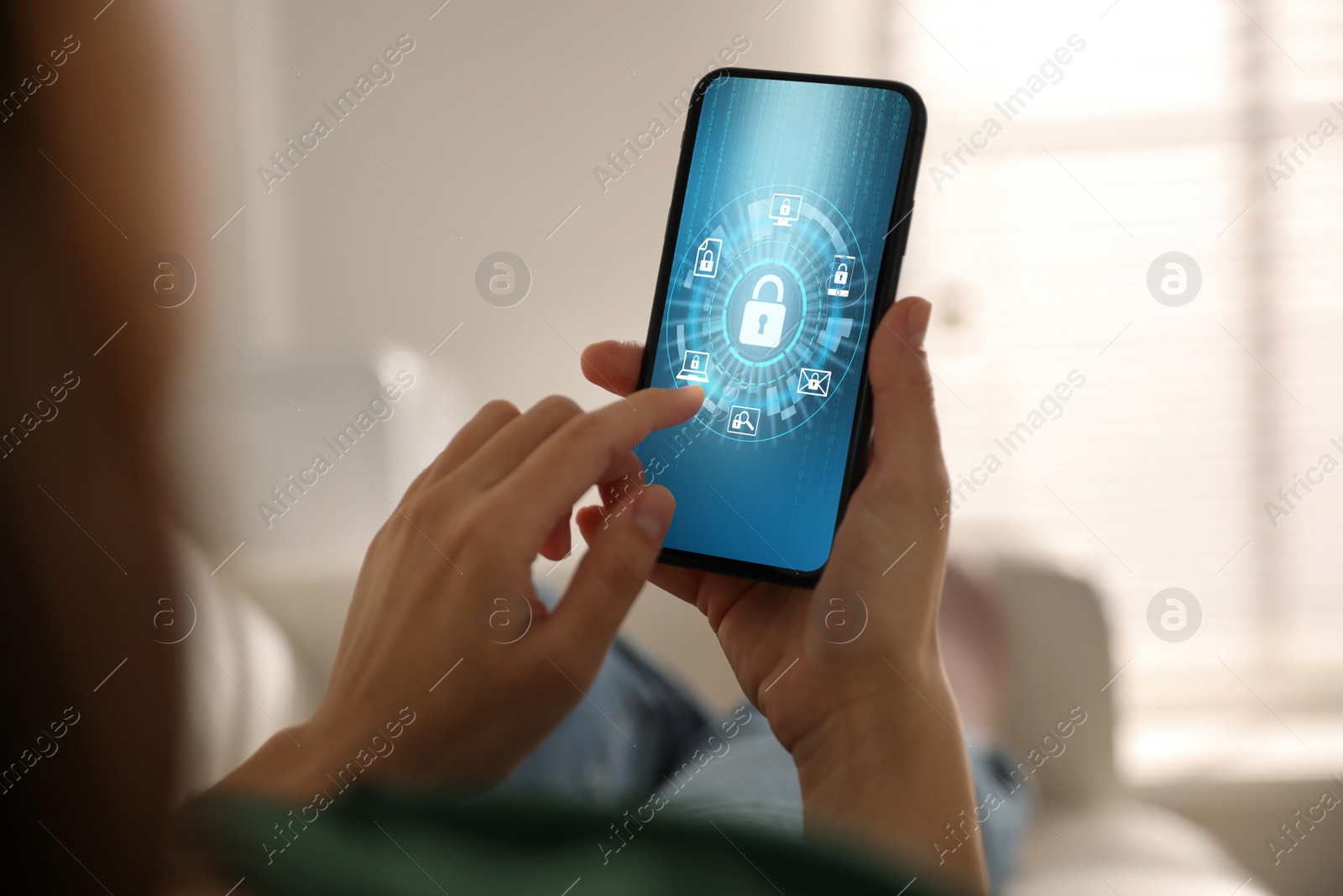 Image of  Cyber security concept. Woman using application on phone, closeup