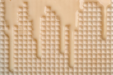 Photo of Hot white chocolate on wafer, closeup. Crispy food