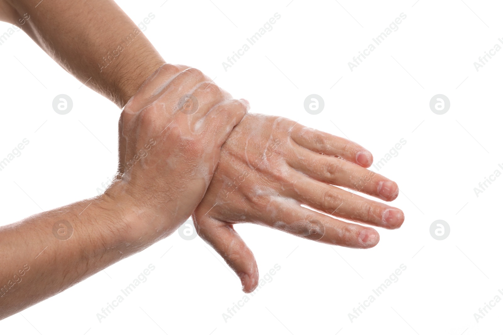 Photo of Man washing hands with soap on white background, closeup