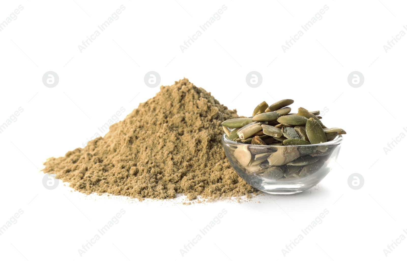 Photo of Pile of fresh flour and bowl with pumpkin seeds isolated on white