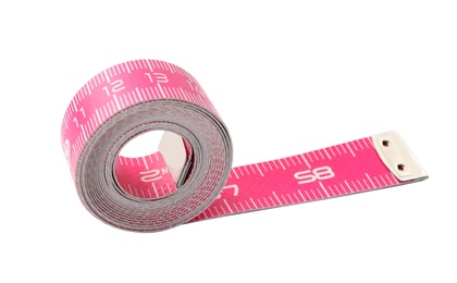 Photo of New pink measuring tape isolated on white