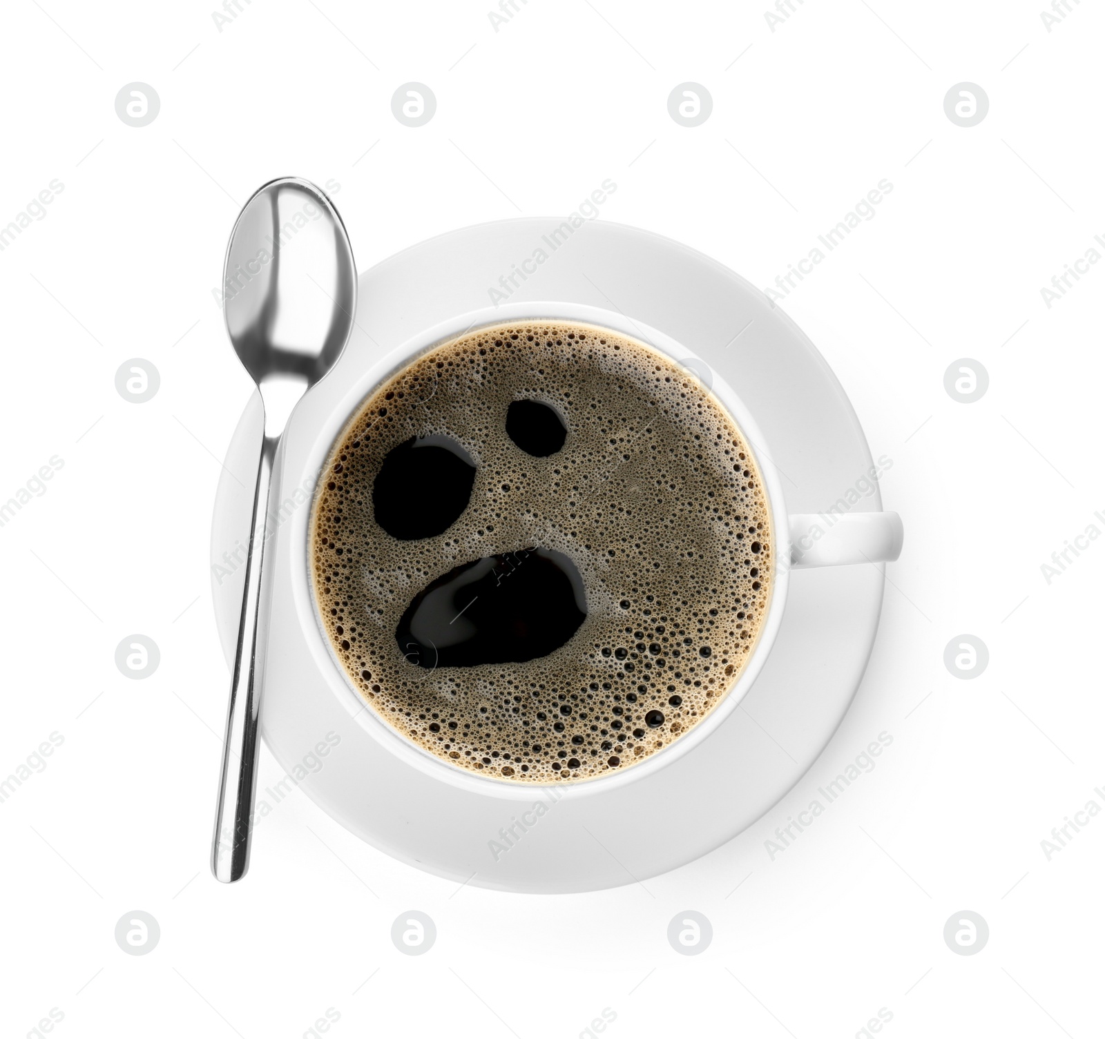 Photo of Cup with delicious hot coffee on white background