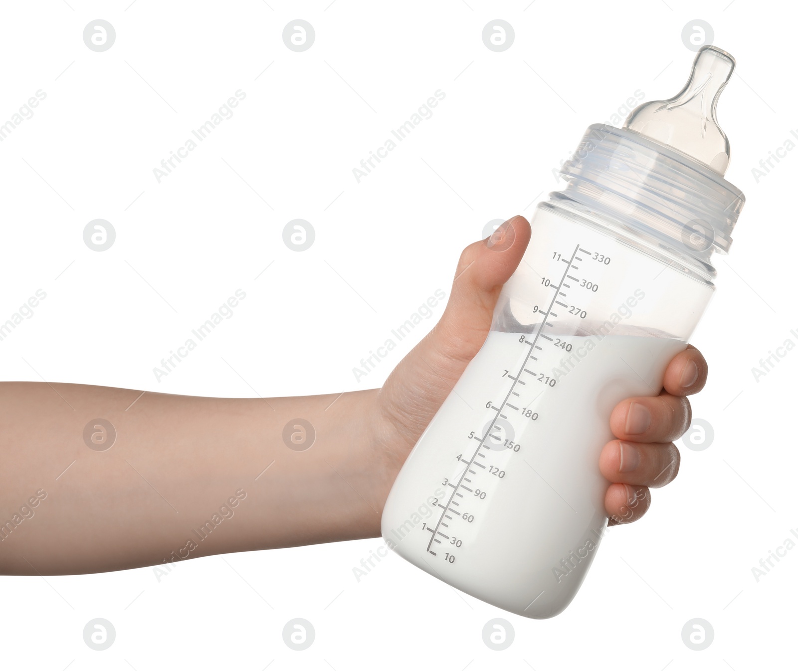 Photo of Woman holding feeding bottle with milk on white background, closeup