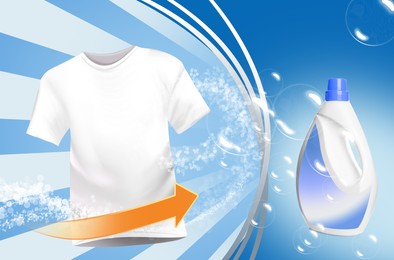 Fabric softener advertising design. White t-shirt surrounded by bubbles and arrow pointing at bottle of conditioner on light blue background