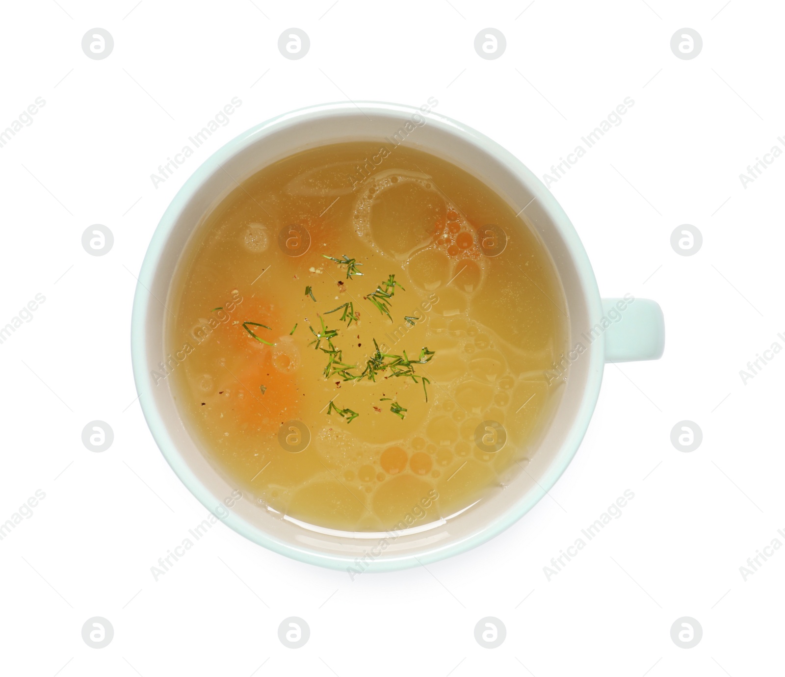 Photo of Hot delicious bouillon in cup isolated on white, top view