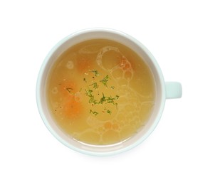 Hot delicious bouillon in cup isolated on white, top view