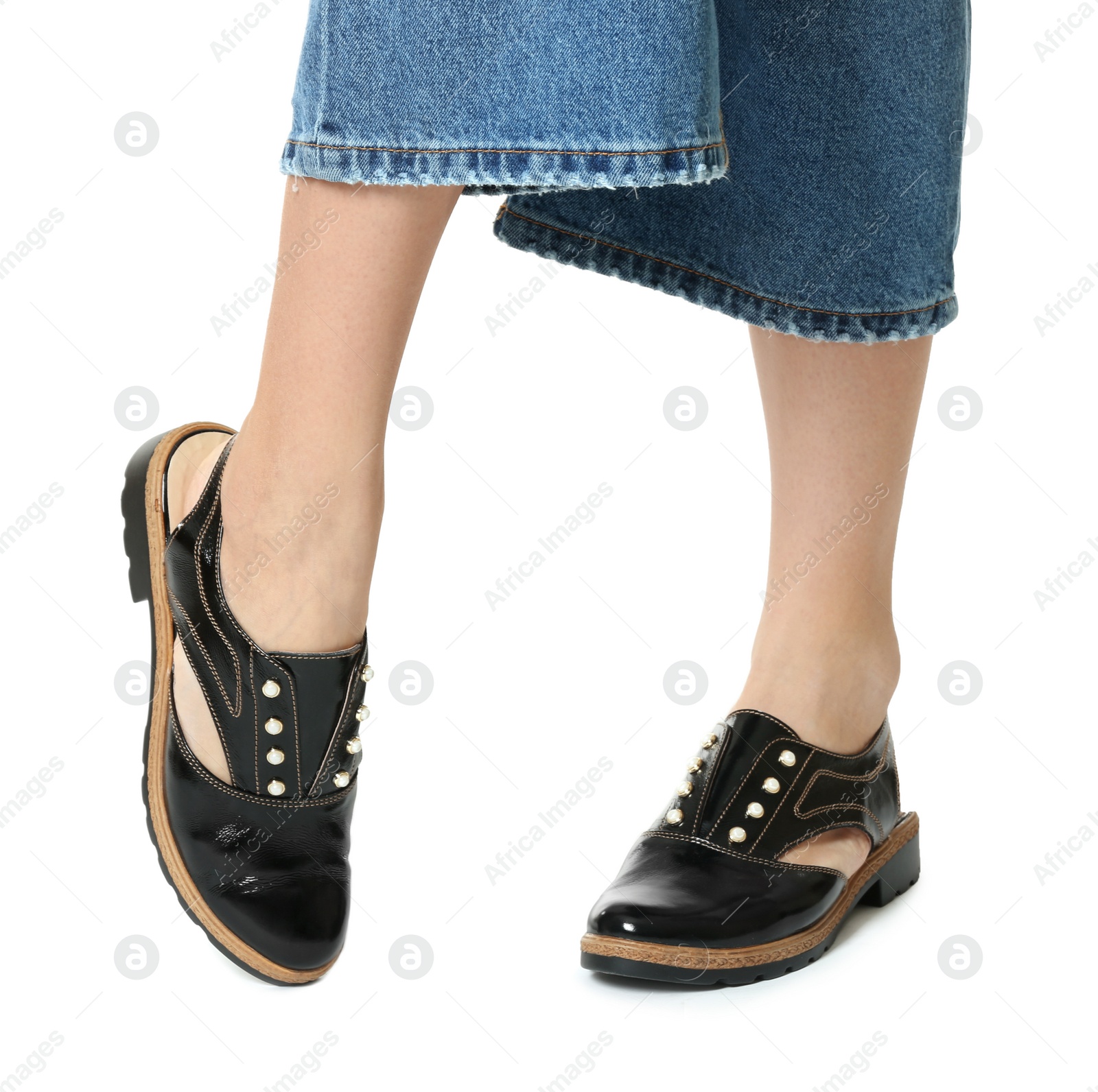 Photo of Woman in stylish shoes isolated on white, closeup