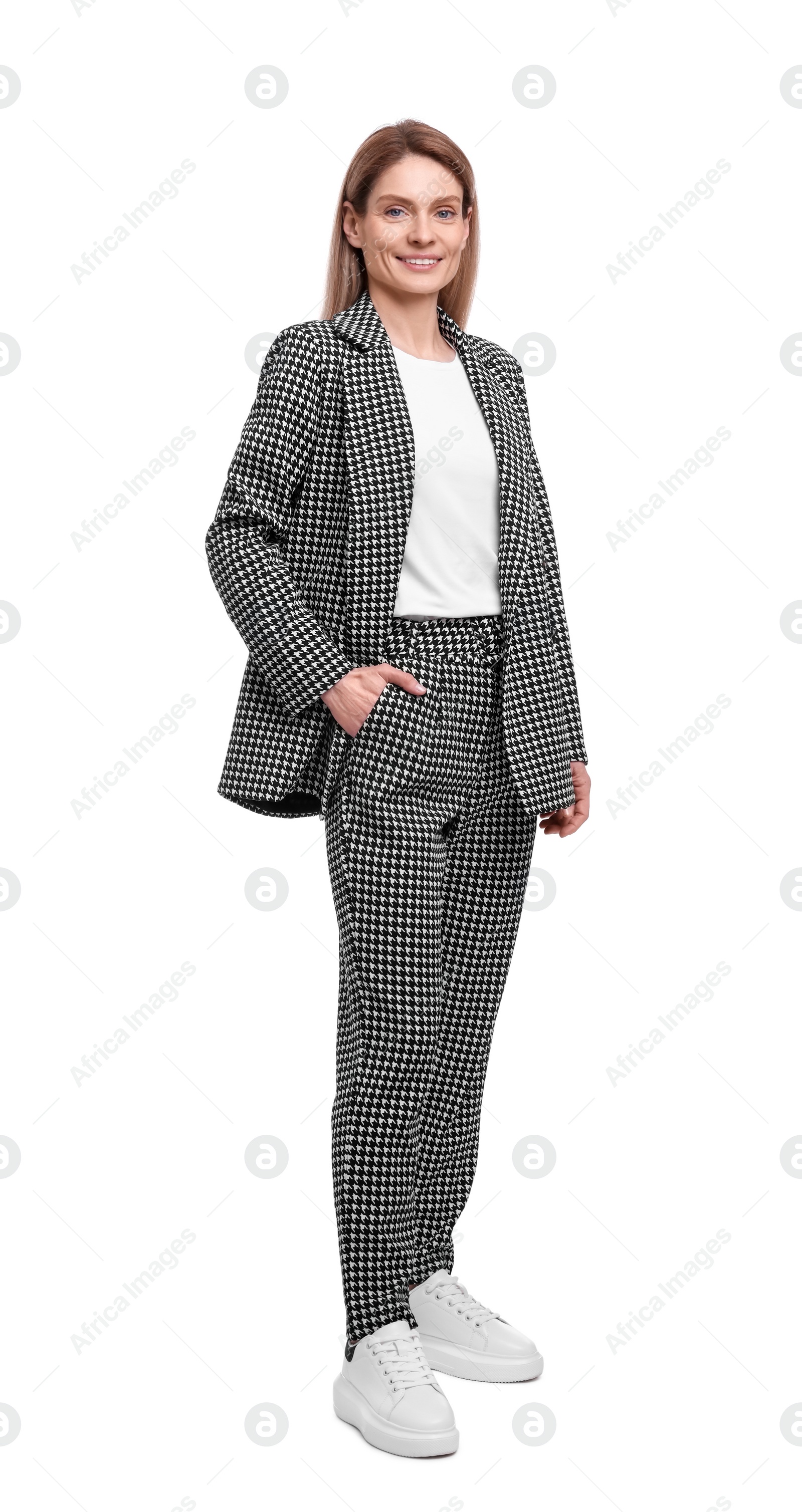 Photo of Beautiful happy businesswoman in suit on white background