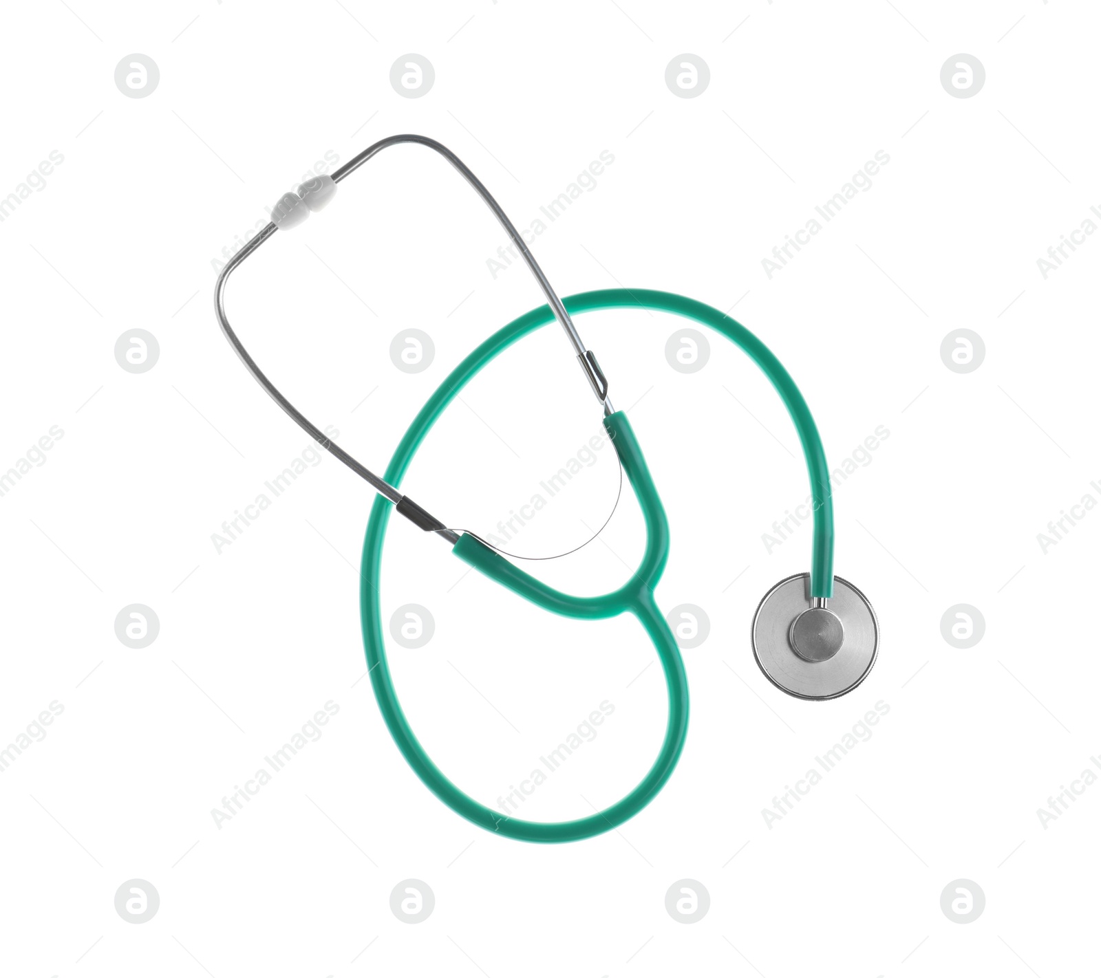 Photo of Stethoscope on white background, top view. Medical device