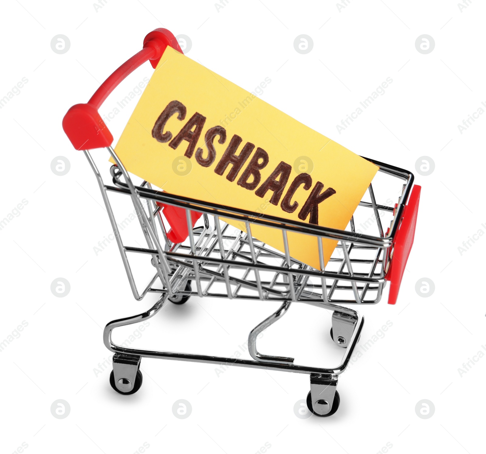 Photo of Card with word Cashback in shopping cart isolated on white