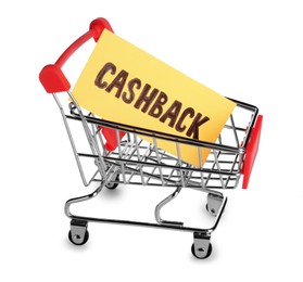 Card with word Cashback in shopping cart isolated on white
