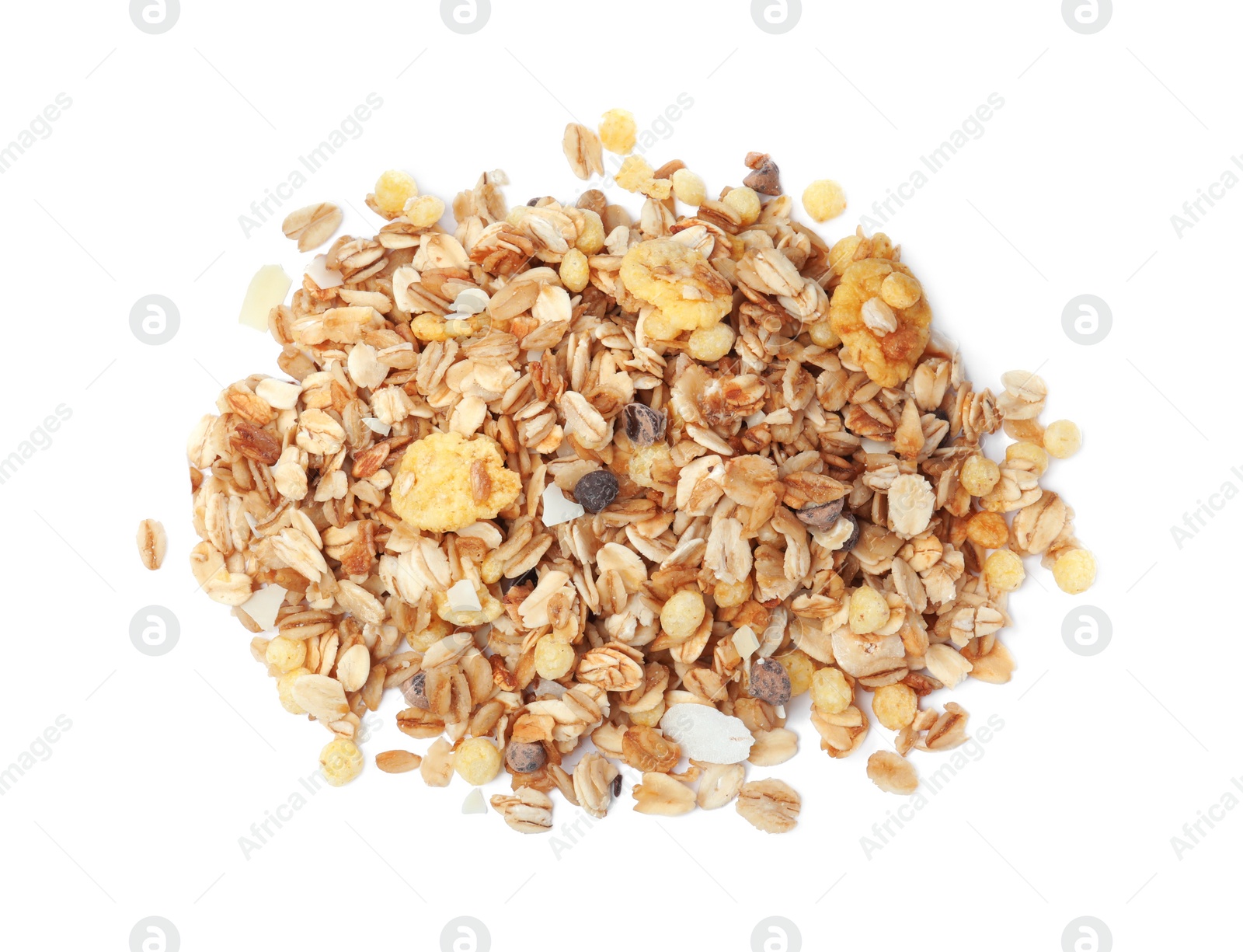 Photo of Pile of granola on white background, top view. Healthy snack