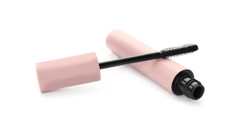 Photo of Mascara for eyelashes on white background. Makeup product