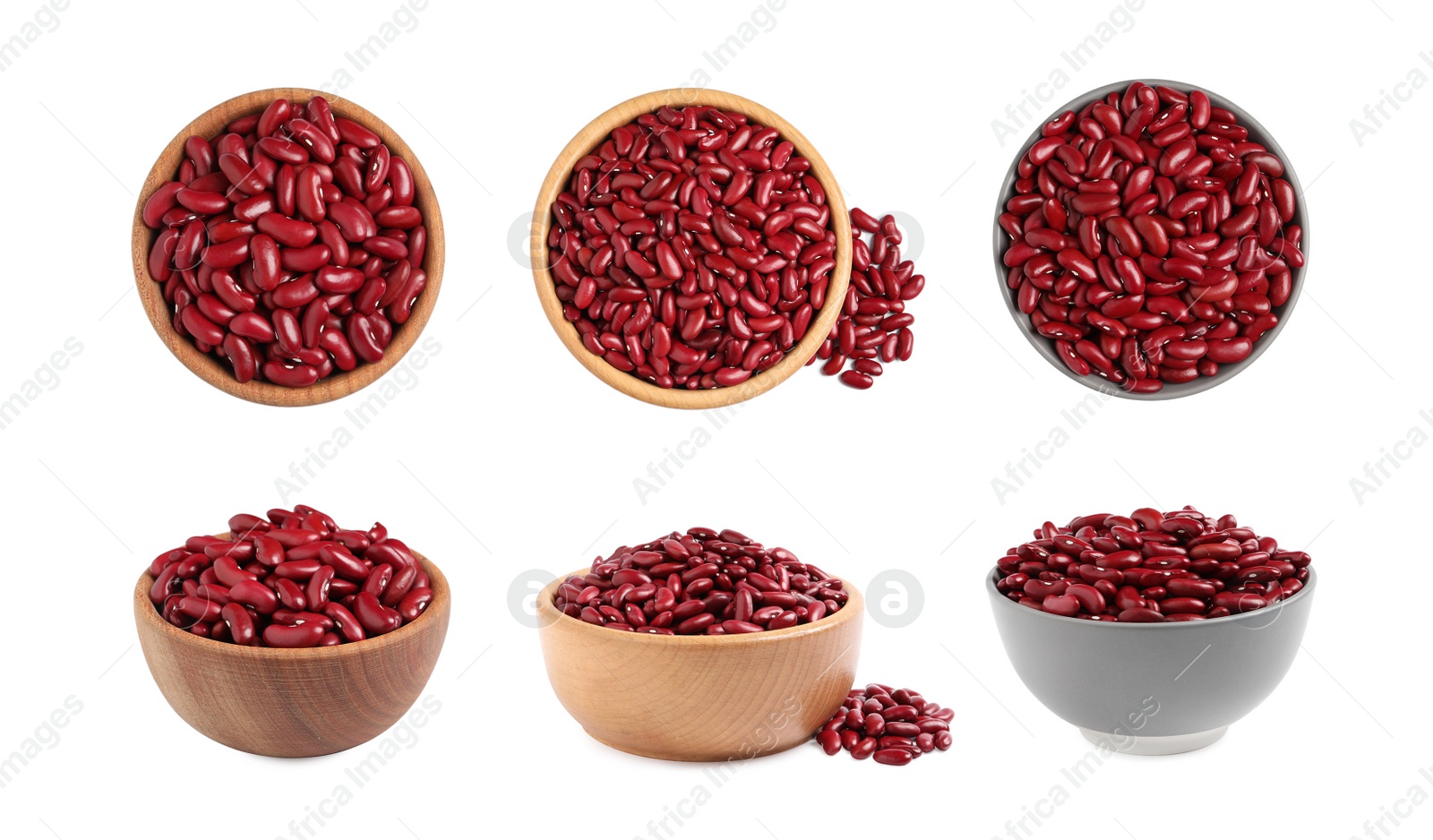 Image of Set with raw red kidney beans on white background  