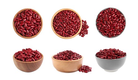 Set with raw red kidney beans on white background  