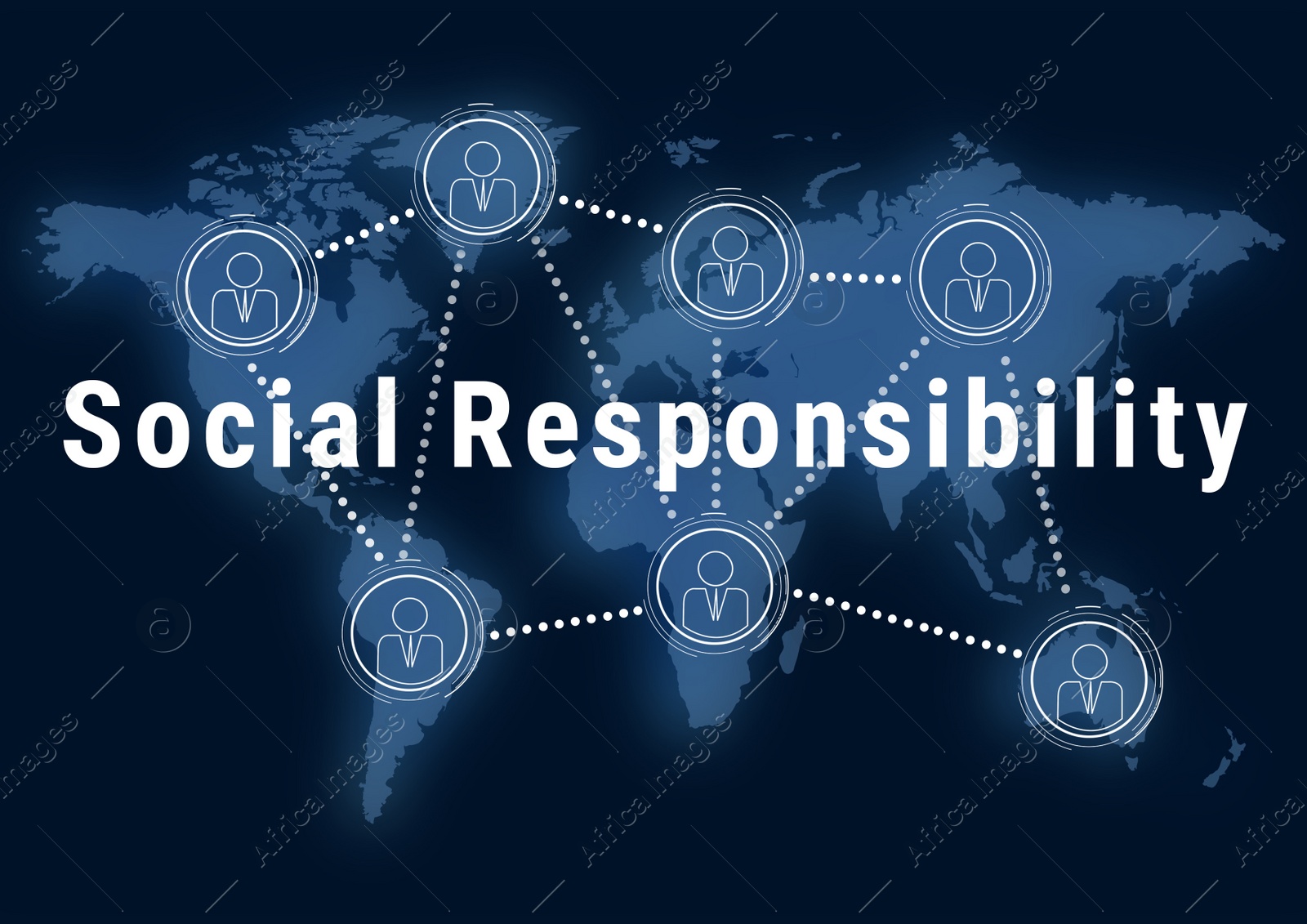 Image of Social responsibility concept. World map and scheme of people connection, illustration