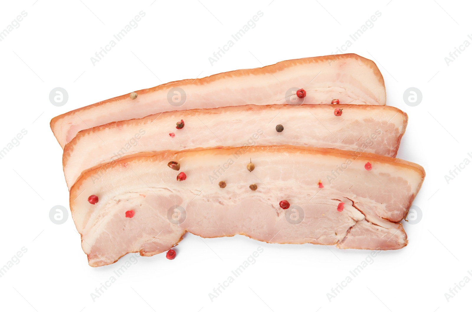 Photo of Slices of delicious smoked bacon with peppercorns on white background, top view