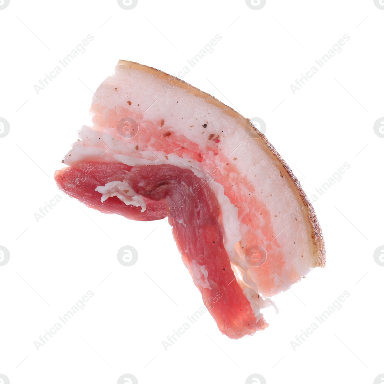 Photo of Slice of tasty pork fatback with spices isolated on white