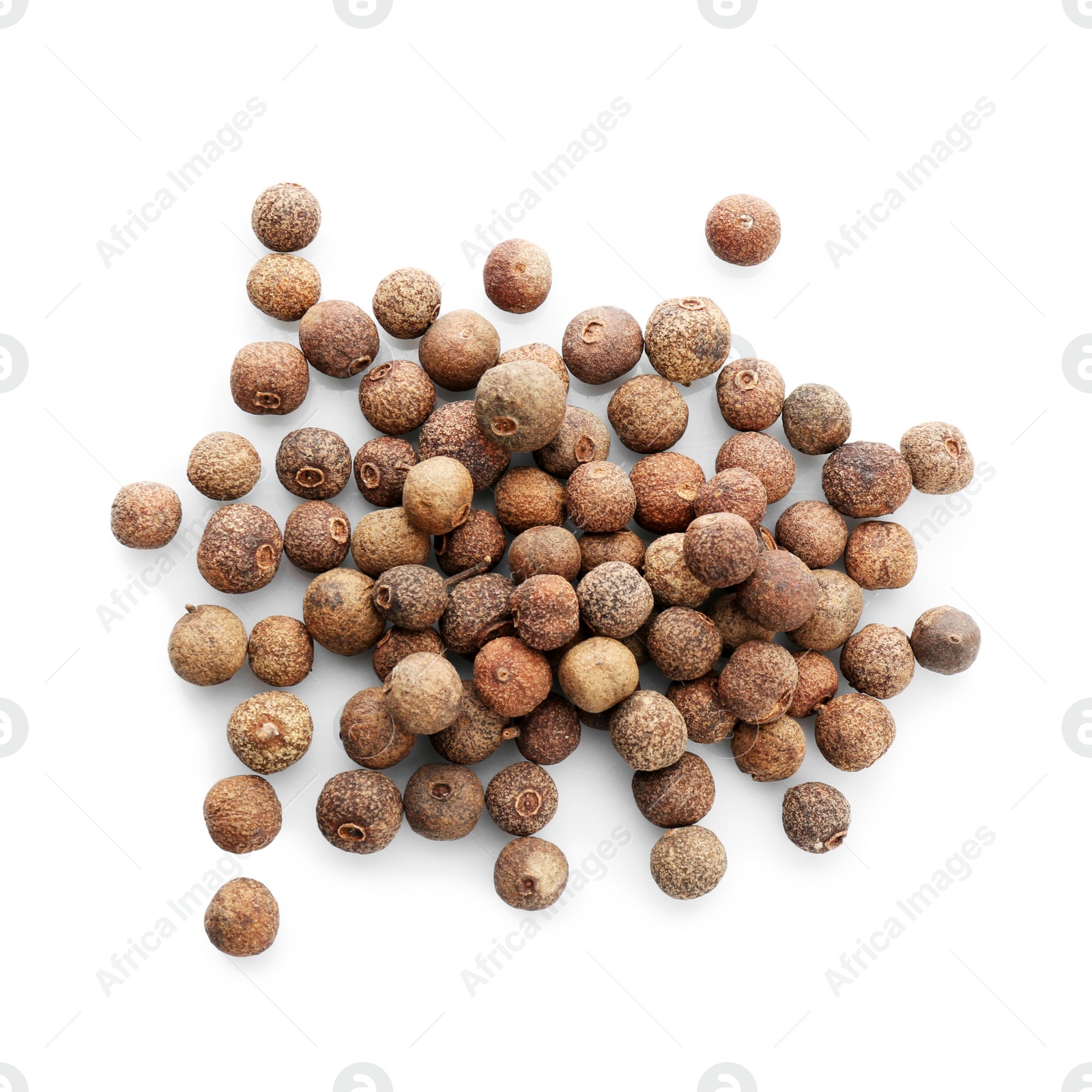 Photo of Allspice pepper grains on white background, top view. Natural spice