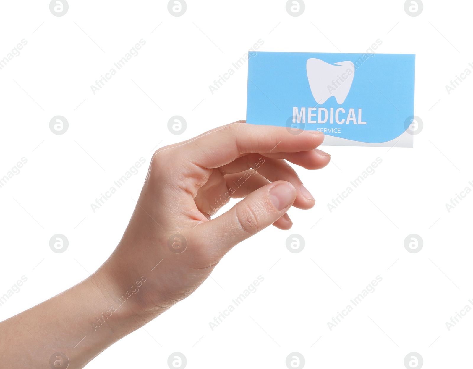 Photo of Woman holding business card isolated on white, closeup. Dental medical service