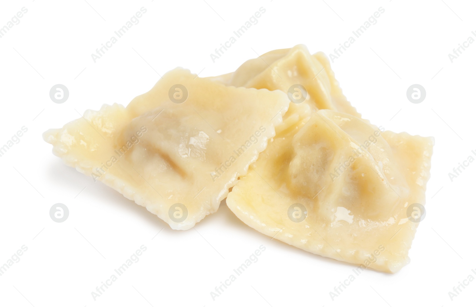 Photo of Boiled ravioli with tasty filling on white background
