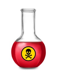Image of Glass bottle with red toxic sample and warning sign on white background