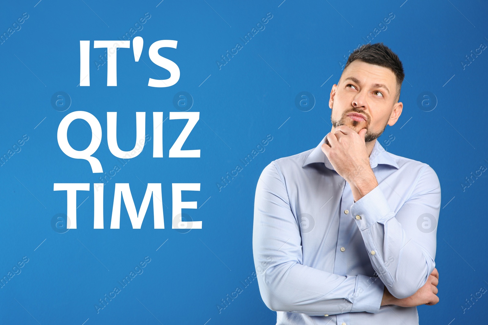 Image of Thoughtful man and phrase IT'S QUIZ TIME on blue background 