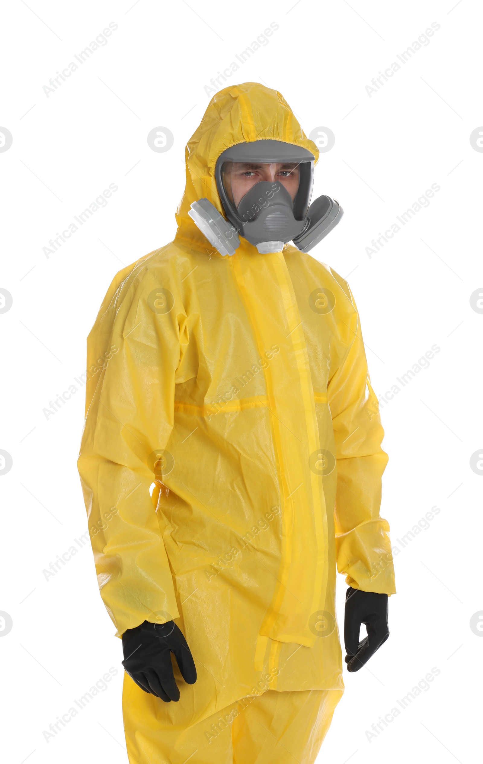 Photo of Man wearing chemical protective suit on white background. Prevention of virus spread