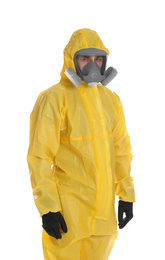Photo of Man wearing chemical protective suit on white background. Prevention of virus spread