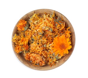 Wooden bowl with dry and fresh calendula flowers isolated on white, top view